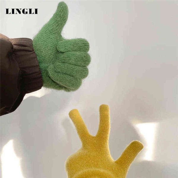 

korean ins lovers' same split finger glov female thickened warm soft waxy candy color student cycling cold proof