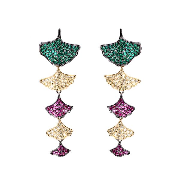 

luxury ginkgo leaves design cubic zirconia women fashion wedding banquet drop earrings brass jewelry, Golden