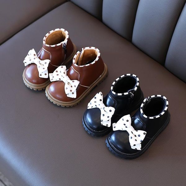 

flat shoes toddler girls bow short boots 2021 brown for school side zip round-toe cute princess boot low heels winter, Black;grey