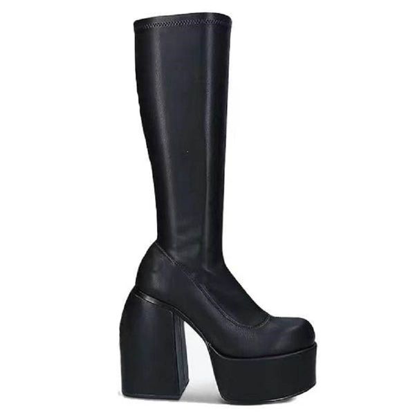 

lady sheepskin leather square 14cm chunky high heels knight boots women half booties square toes platform short plush wedding shoes zipper s, Black