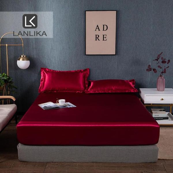 

sheets & sets 43 1pcs luxury satin silk wine red fitted sheet mattress cover with elastic rubber band printed bed