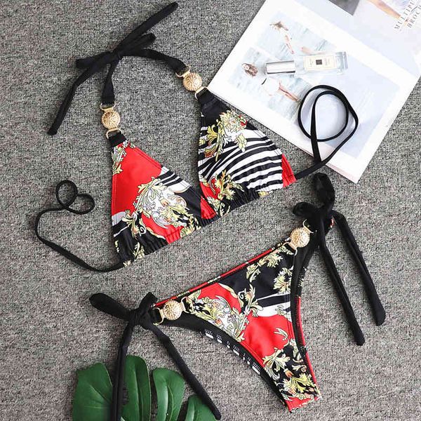 

new print halter 2021 women metal bandeau swimsuit female swimwear two-pieces bikini set bather push up bathing suitin