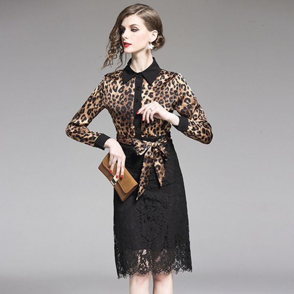 

casual dresses womens elegant leopard vintage long sleeve bow print lace patchwork work office a-line summer dress c2uf, Black;gray