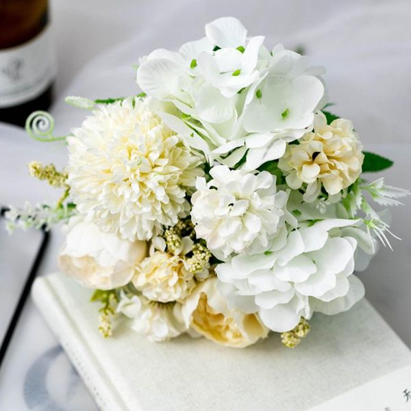 

artificial hydrangea flowers bouquet silk blooming fake peony bridal hand for home wedding party table decor decorative & wreaths