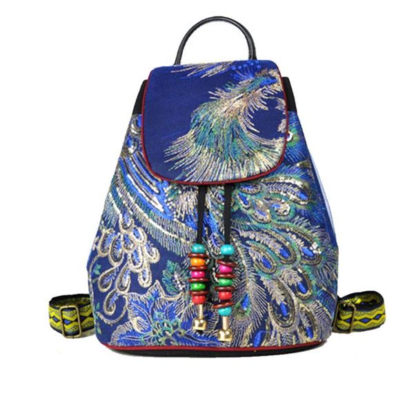 

backpack vintage canvas boho sequin drawstring for women - with phoenix embroidery