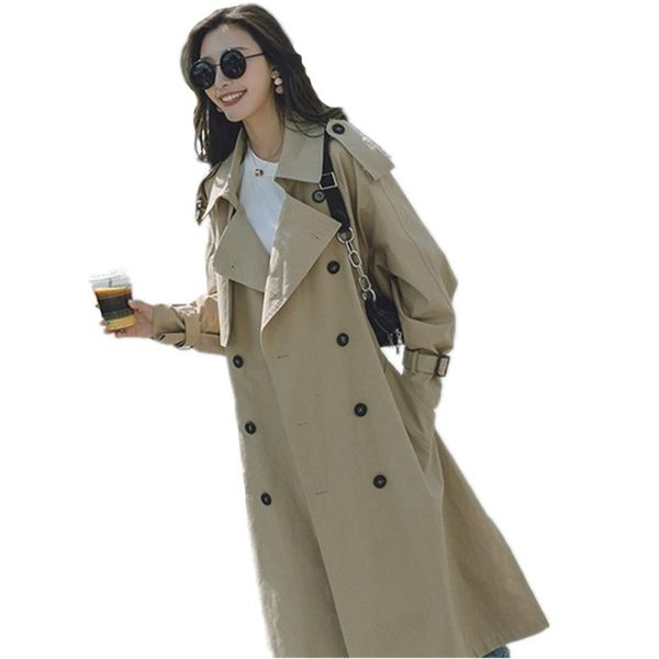 

women's trench coats large size loose tie pocket button solid color long ladies windbreaker, Tan;black
