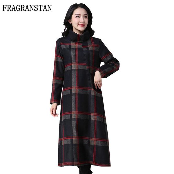 

casual dresses 2021 women fashion slim dress temperament long sleeve plaid cashmere plus size stand collar ladies wool tgh188, Black;gray