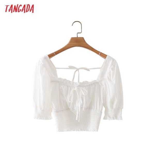 

tangada women retro white backless bow crop shirt short sleeve summer chic female slim shirt 4t50 210609