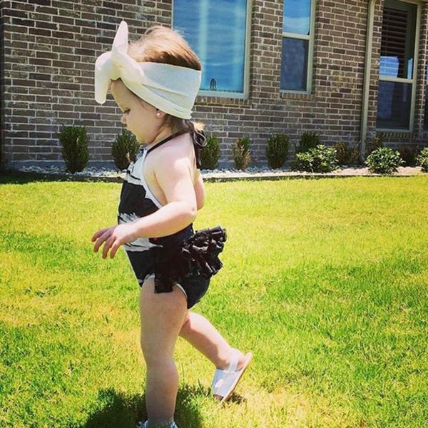 

summer baby girls ruffles swan print swimwear swimsuit backless romper jumpsuit vestido para la playa girl saida de praia one-pieces, Black