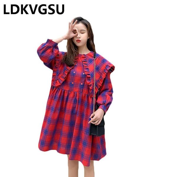 

casual dresses fashion large size 4xl women's spring autumn 2021 long sleeve red plaid doll collar female loose dress is1749, Black;gray