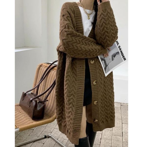 

women's knits & tees 2021 autumn winter single-breasted v-neck long sleeve loose knitted thicken casaul thick thread twist cardigan swe, White