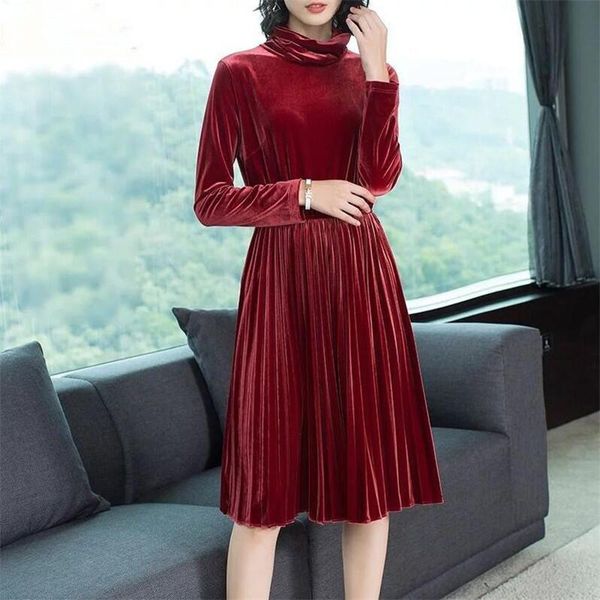 

casual dresses 2021 autumn winter gold velvet party events dress female velours vintage turtlenck high waist pleated plus size -7xl, Black;gray