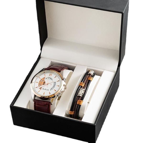 

wristwatches men's pu leather wristwatch bracelet set luxury brand fashion sports quartz watch cowhide bracelets relogio masculino, Slivery;brown