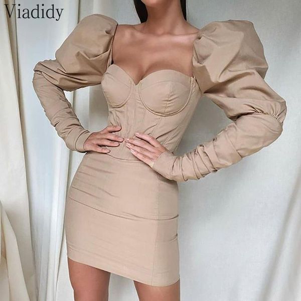 

casual dresses women puff sleeve square neck solid color bodycon dress, Black;gray