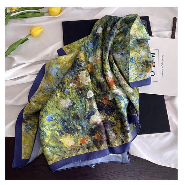 

scarves oil painting 100% natural silk scarf shawl neckerchief women large square head hijab foulard 35", Blue;gray