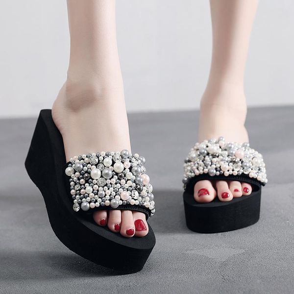 

slippers pearls slides women sandals heel torridity sandal shoes handmade bohemia crystal female outdoor, Black