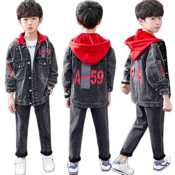 

spring & autumn boys cowboy sets new 2021 korean version jacket fashion long sleeve 2-piece printing hooded childrens clothing, Blue;gray