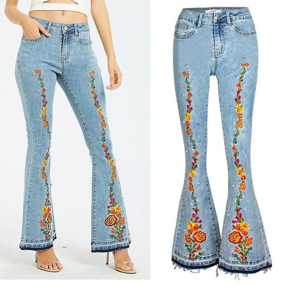 

european and american fashion women's denim embroidery broad-legged jeans, Blue