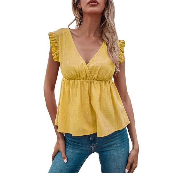

women's blouses & shirts women summer deep v-neck sleeveless waist blouse ladies dot print lotus sleeve shirt blusas y camisas chemise, White