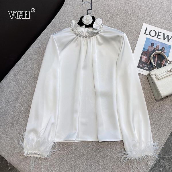 

women's blouses & shirts vgh patchwork pearls solid slim casual temperament shirt female lapel long sleeve fashion blouse for women aut, White