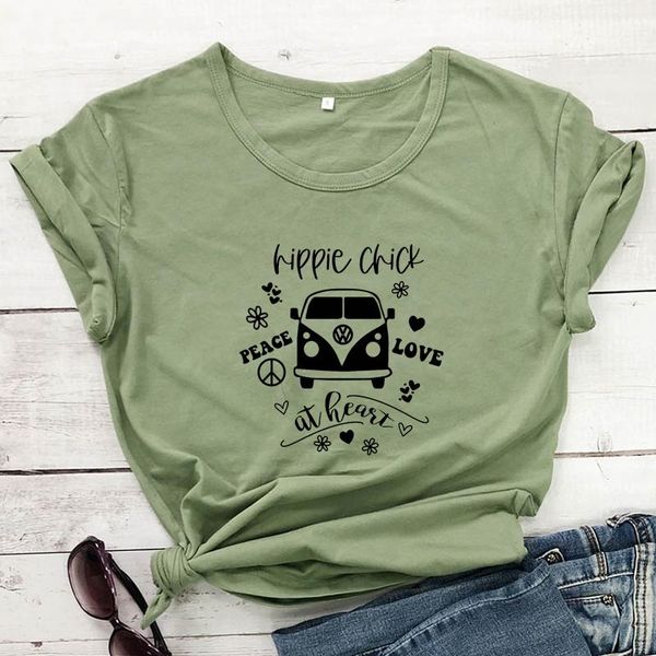 

hippie chick at heart t-shirt women vintage boho soul tshirt funny happy camper graphic tee shirt women's, White