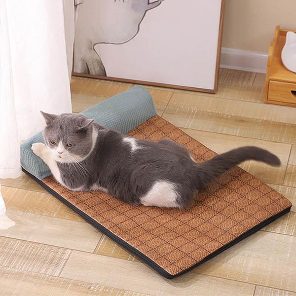 

cat beds & furniture summer dog cooling pad breathable rattan mat with pillow non-slip bottom blanket sofa washable small and medium-sized d
