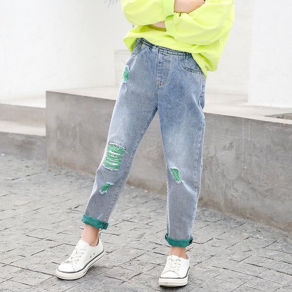 

jeans fashion kids ripped for teen girls straight fit autumn baby girl elastic waist denim pants child casual trousers, Blue