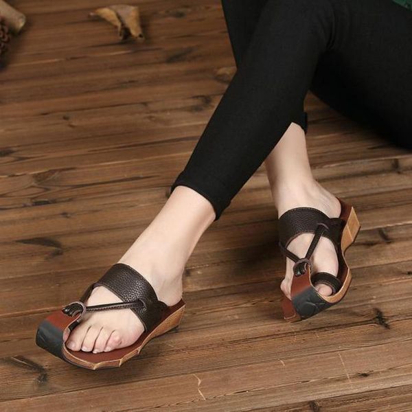 

slippers johnature genuine leather handmade retro flip flops summer sewing flat with slides outside casual sandals women shoes, Black
