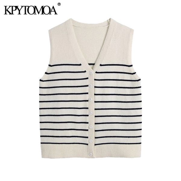 

women fashion button-up striped knitted vest sweater v neck sleeveless female waistcoat chic 210420, Black