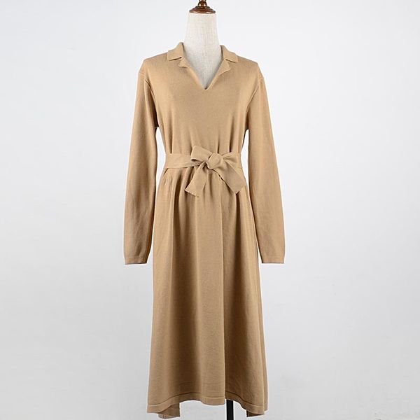 

casual dresses 2021 autumn and winter thickening dress long - sleeved lapel with the draw string belt knitting cardigan sweater, Black;gray