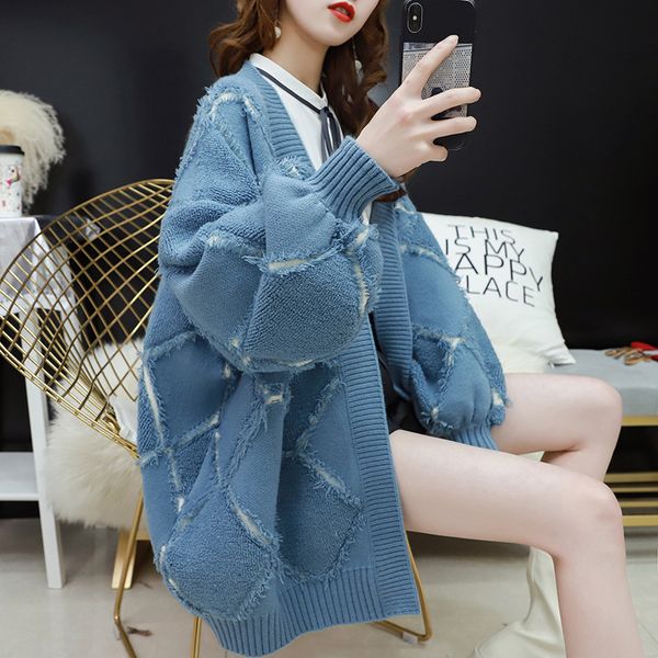 Red Knitted Sweater Mulheres Estudante Tops Outono Moda Coreana Plus Size Loose Frayed Longa Manga De Tricô Cardigan Ladies Jumper