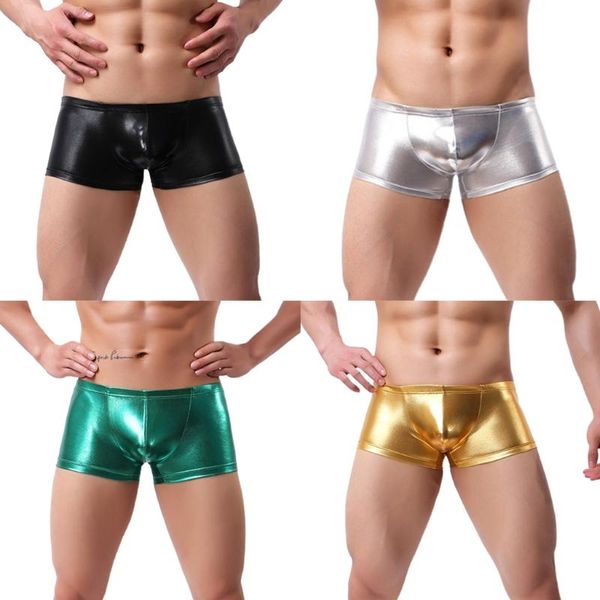 

underpants men low waist boxer briefs metallic imitation leather swim underwear, Black;white