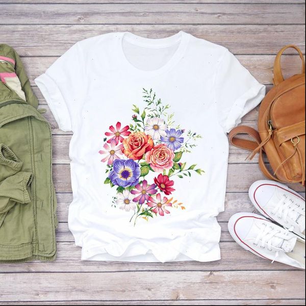 

floral 90s short sleeve punk womens fashion flower clothing graphic tee, White