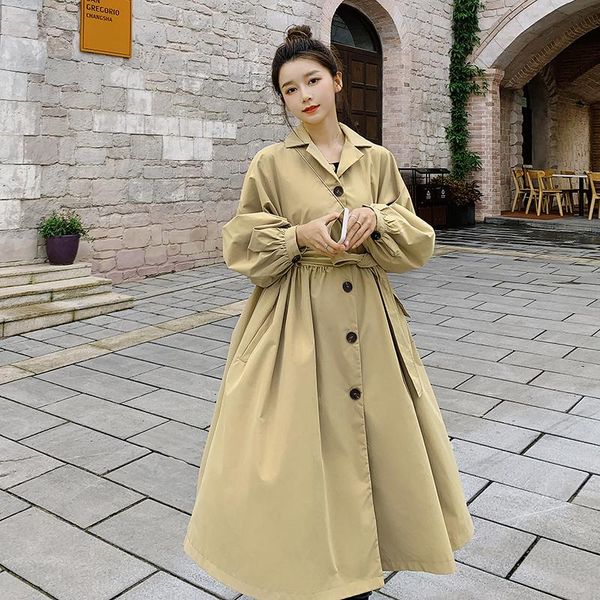 

women's trench coats 2021 winter women's long coat lapel female windbreaker sleeve lady lantern single-breasted overcoat, Tan;black