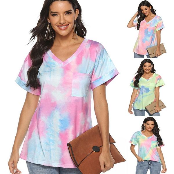 

summer wish gradient tie-dye v-neck pocket loose short sleeve t-shirt kawaii clothes graphic tee women's, White