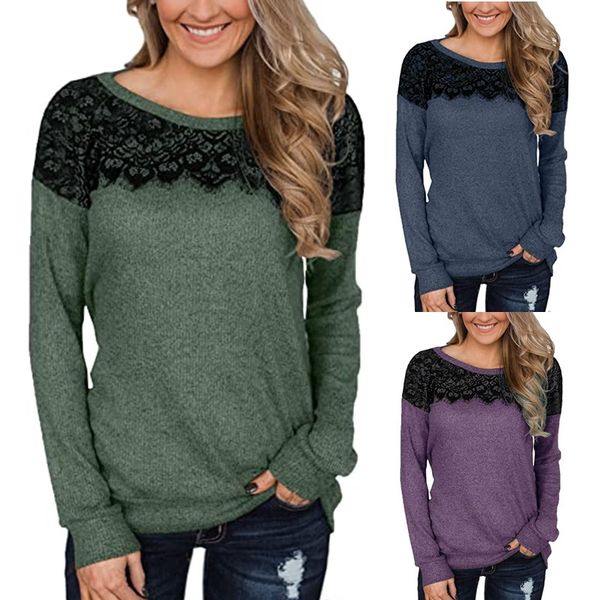 

2020 european and foreign trade new fashion women's lace stitching solid color long-sleeved t-shirt, White