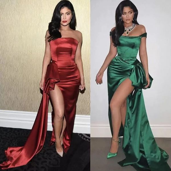 2021 Seksi Kapalı Omuz Gece Elbiseleri Kylie Jenner Ünlü Prom Gowns Yan Slit Peplum Arapça Resmi Parti Elbise 328 328