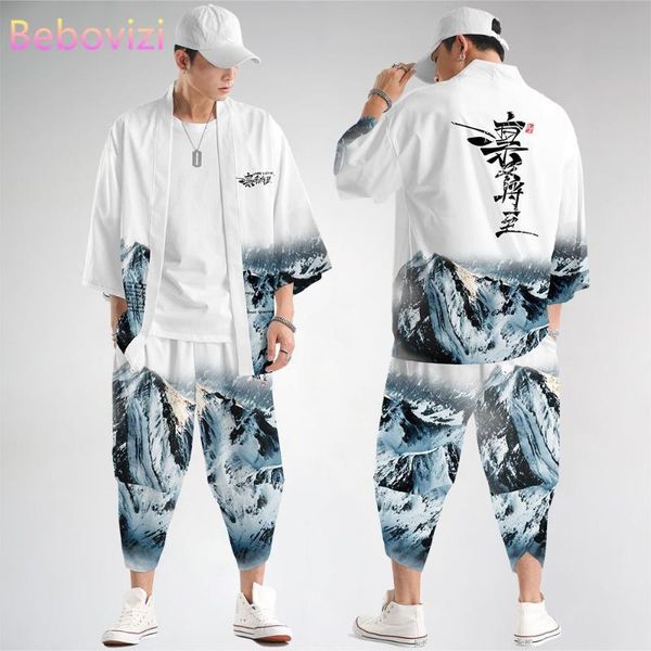 

ethnic clothing fashion suit plus size loose japanese kimono cardigan women men cosplay yukata harajuku samurai + pants sets, Red