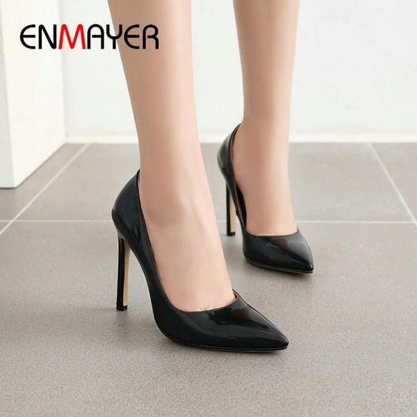 

dress shoes enmayer 2021 pointed toe slip-on thin heel pumps women basic patent leather high heels pu fashion ladies, Black