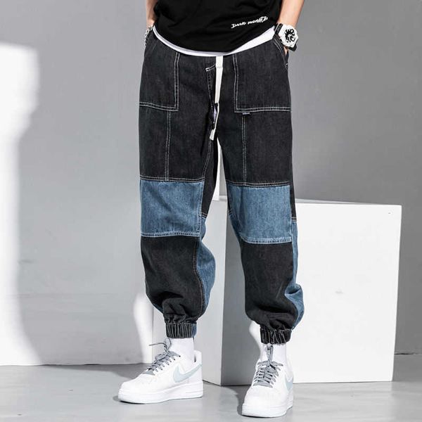 

men's shorts jeans hip hop color matching cargo pants loose tappered harem fall patchwork black oversized denim pz6l, White;black