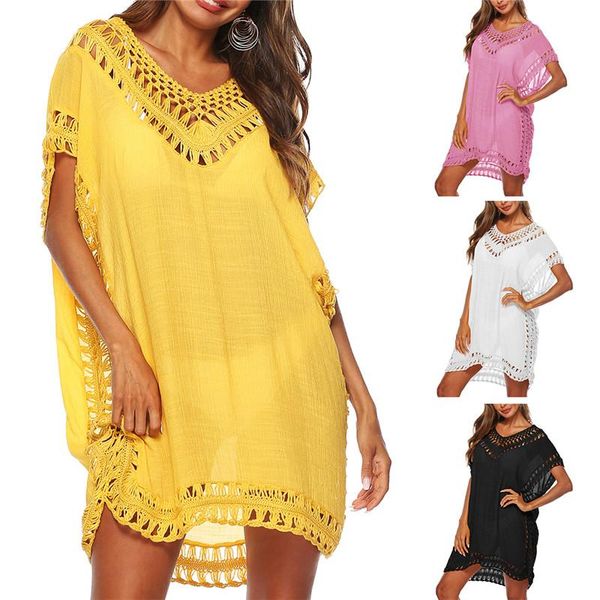 

women's swimwear beach cover ups 2021 women summer dress bikini crochet knitted tassel tie beachwear solid swimsuit v-neck robe tunic, White;black