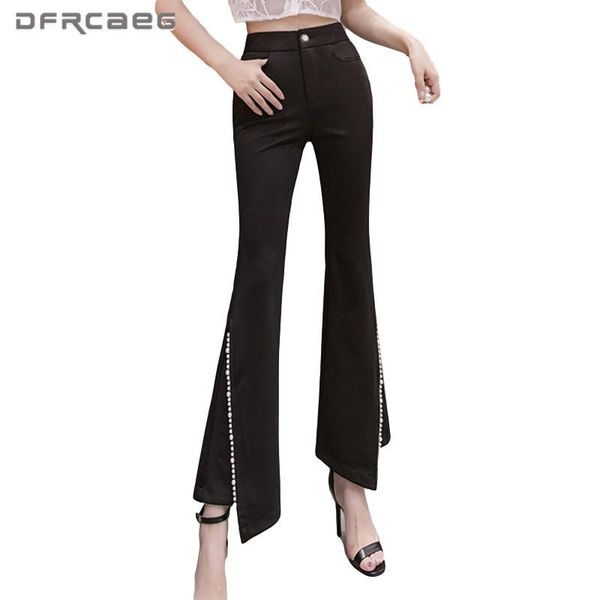 

spring autumn slim women's flare pants with beading 2021 high waist elegant work office wear ladies irregular trousers female jeans, Blue