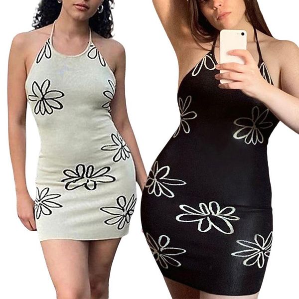 

casual dresses women knit halter dress, adults slim fit tie up flower print u-shaped neck summer fashion 2021, Black;gray