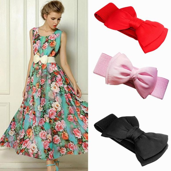 

belts designer ladies solid color big bow waistband elastic wide stretch for women wild casual dress belt party waist strap red, Black;brown