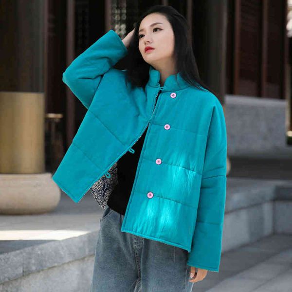

johnature women vintage cotton linen parkas solid color button coats spring stand long sleeve warm female parkas coats 210521, Black