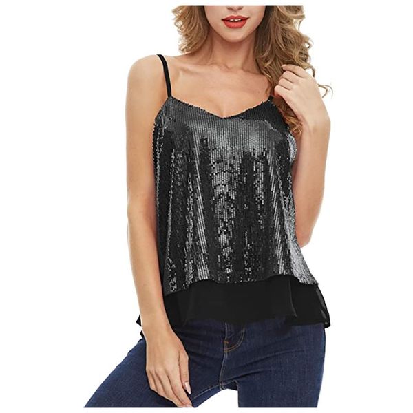 

women's tanks & camis fashion sequin v-neck solid colors sleeveless loose party night clubwear elegant bottoming camisole#g3, White