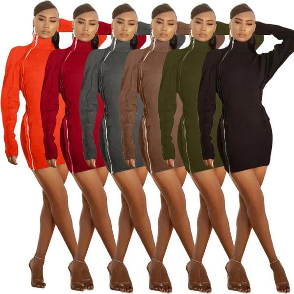 

casual dresses casaul women dress zipper split out solid color high waist full sleeve party night clubwear for vestidos, Black;gray