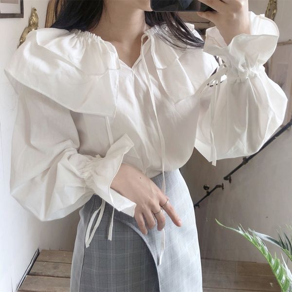 

chic spring and autumn new elegant blouse french style pure color blusas ruffles lace-up flared sleeves loose shirts for women, White