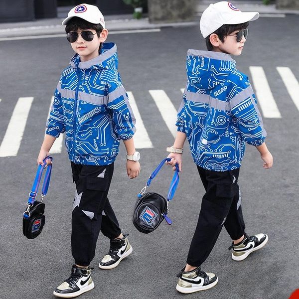 

clothing sets boy suit spring and autumn 2021 children's fashion trend circuit pattern luminous leisure kids two-piece bt140, White