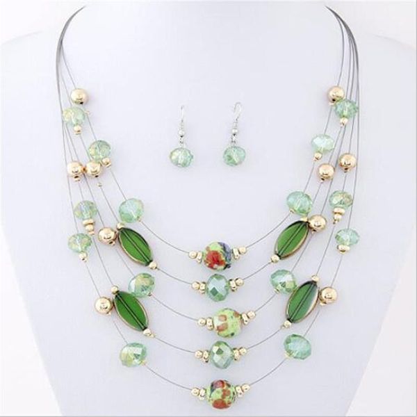 

earrings & necklace crystal beads set layered choker multicolor stone collar for women fashion jewelry sets wedding party gifts, Silver